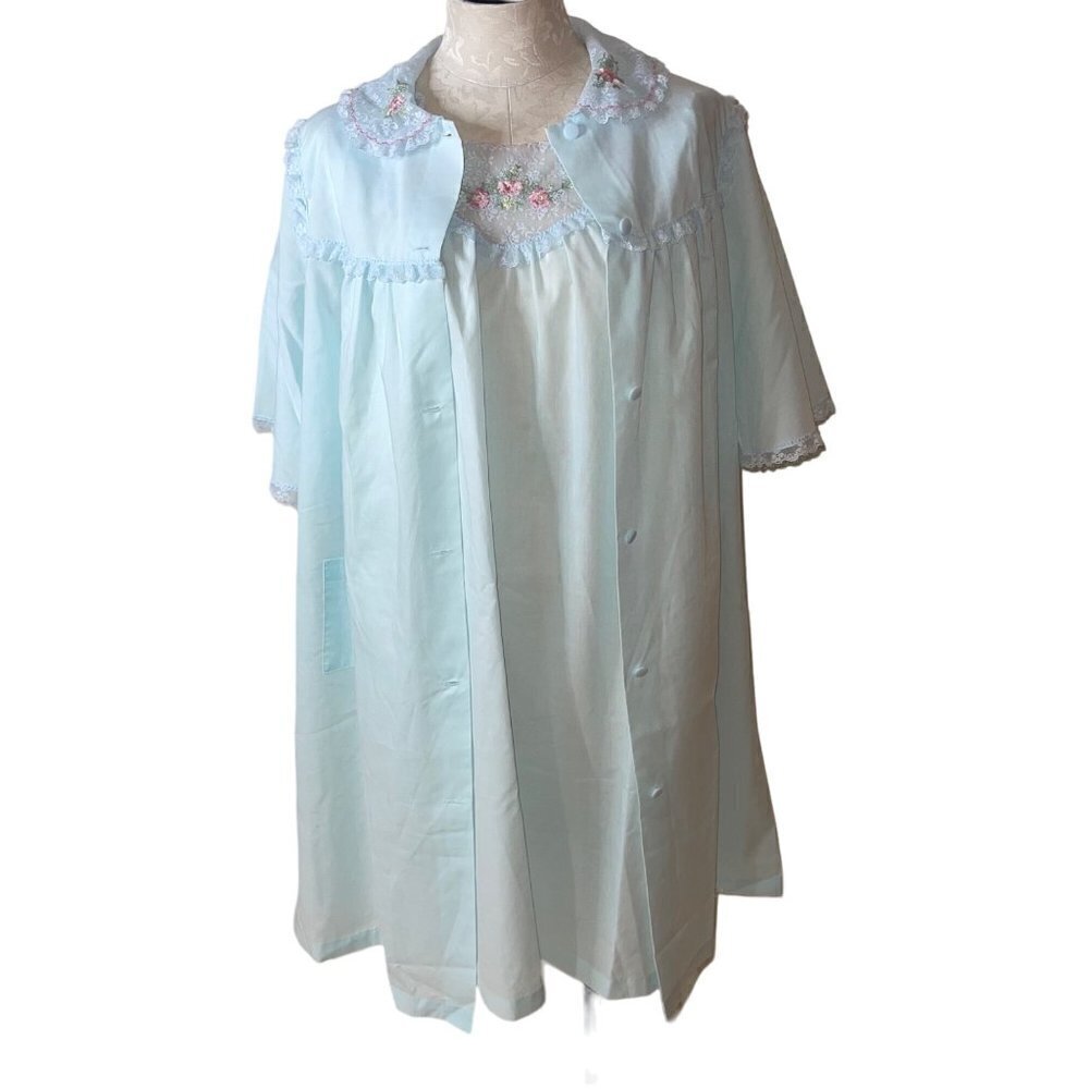Sears Vintage Womens Robe and Nightgown Size Small Blue Perma Prest Lace Trim